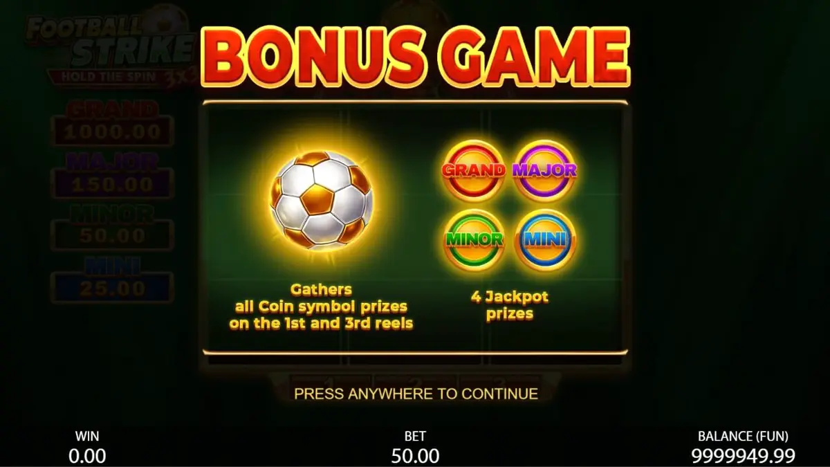 Tampilan layar permainan slot 3x3 Football Strike dengan tema sepak bola dan mesin buah.