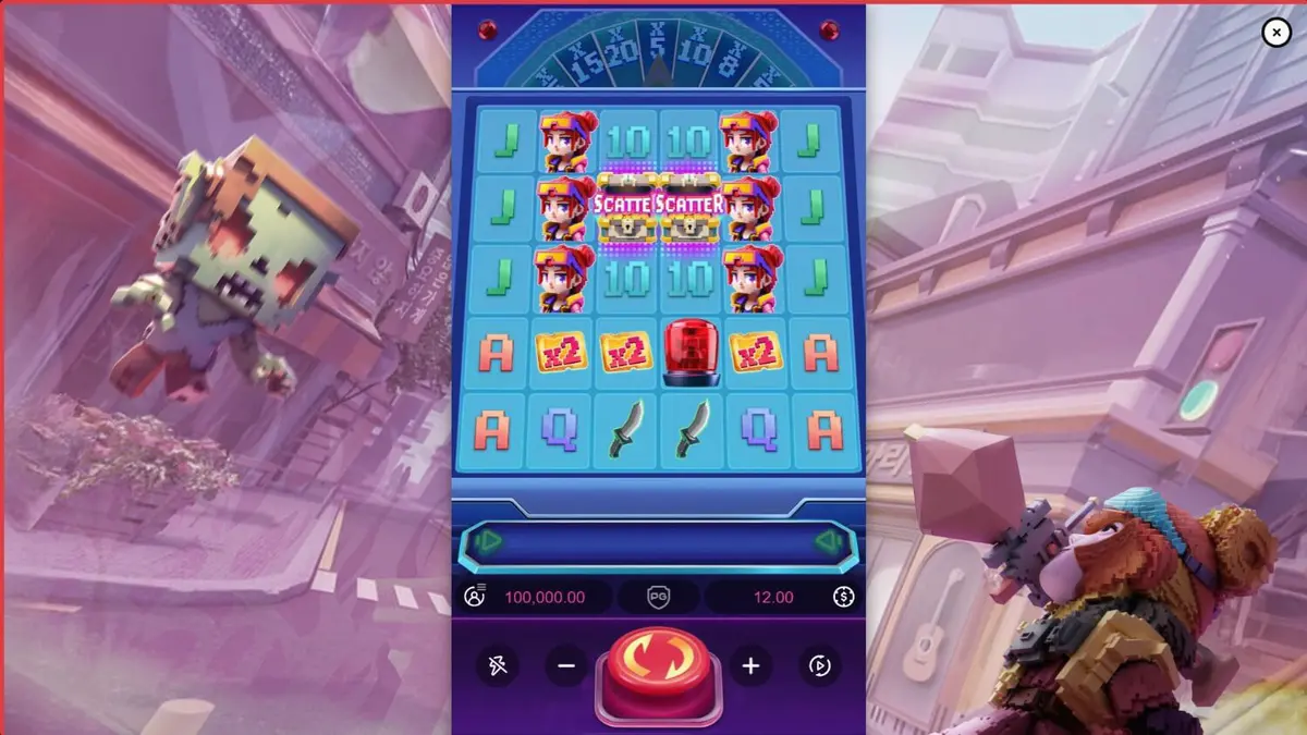 Tampilan layar permainan slot Zombie Blasters dengan tema arcade retro