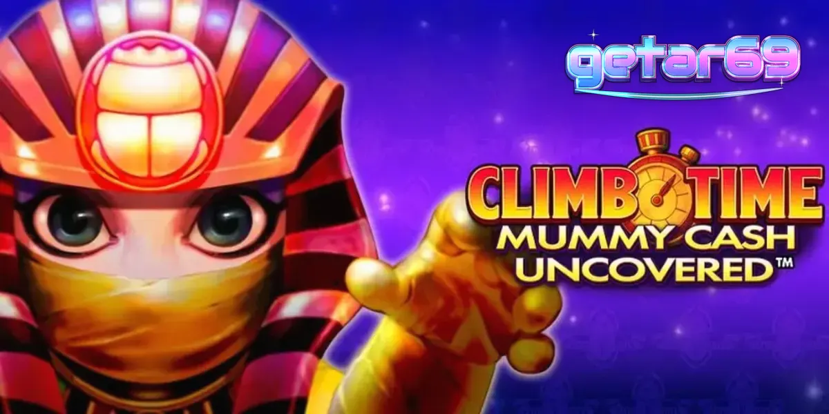 Tampilan visual slot Climb Time Mummy Cash Uncovered dengan latar belakang malam Mesir yang modern.